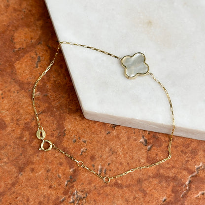 14KT Yellow Gold 12mm Mother of Pearl Clover Station Paperclip Chain Bracelet