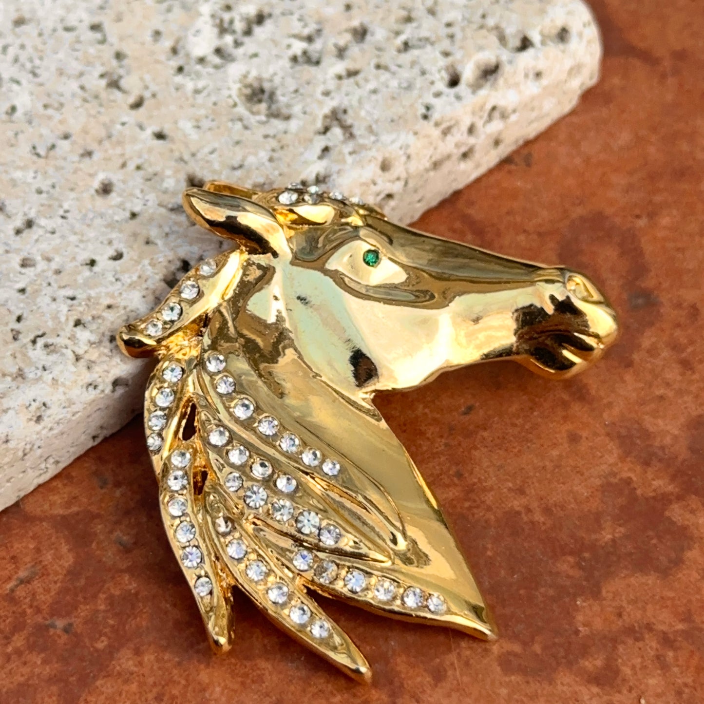 Estate Gold-Tone White + Green Stones Horse Pin Brooch