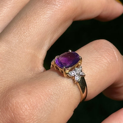 Estate 14KT Yellow Gold Cushion Amethyst + Diamond Ring