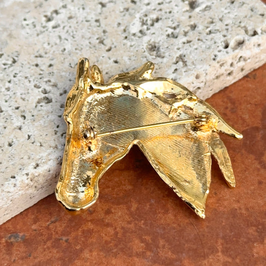 Estate Gold-Tone White + Green Stones Horse Pin Brooch