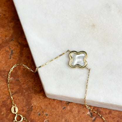 14KT Yellow Gold 12mm Mother of Pearl Clover Station Paperclip Chain Bracelet
