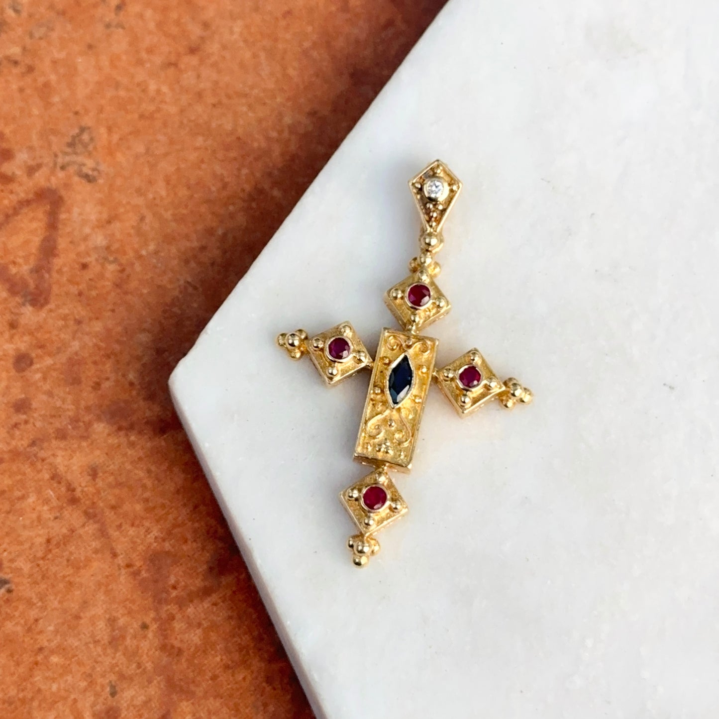 Estate 14KT Yellow Gold Sapphire, Ruby, + Diamond Byzantine Cross Pendant