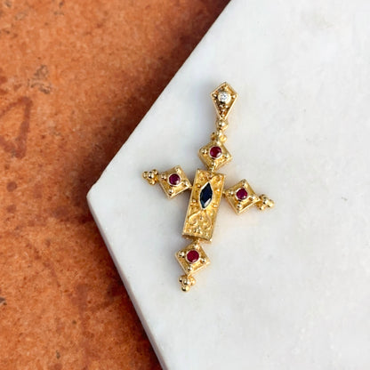 Estate 14KT Yellow Gold Sapphire, Ruby, + Diamond Byzantine Cross Pendant