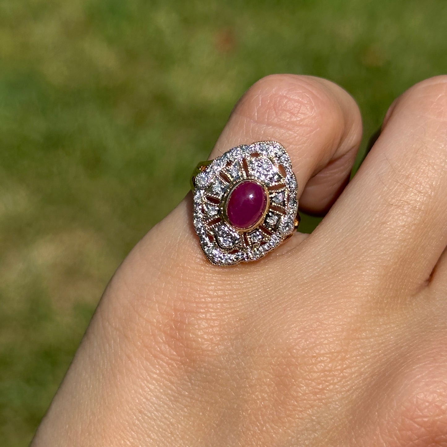 Estate 14KT Yellow Gold Cabochon Ruby + Diamond Statement Ring