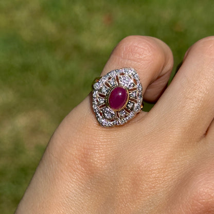 Estate 14KT Yellow Gold Cabochon Ruby + Diamond Statement Ring