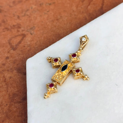 Estate 14KT Yellow Gold Sapphire, Ruby, + Diamond Byzantine Cross Pendant
