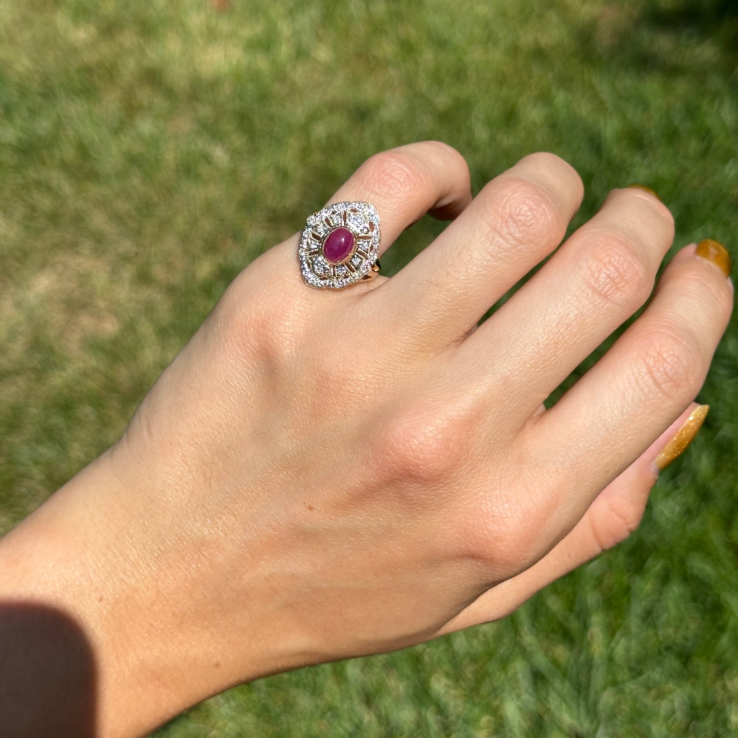 Estate 14KT Yellow Gold Cabochon Ruby + Diamond Statement Ring