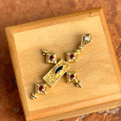 Estate 14KT Yellow Gold Sapphire, Ruby, + Diamond Byzantine Cross Pendant