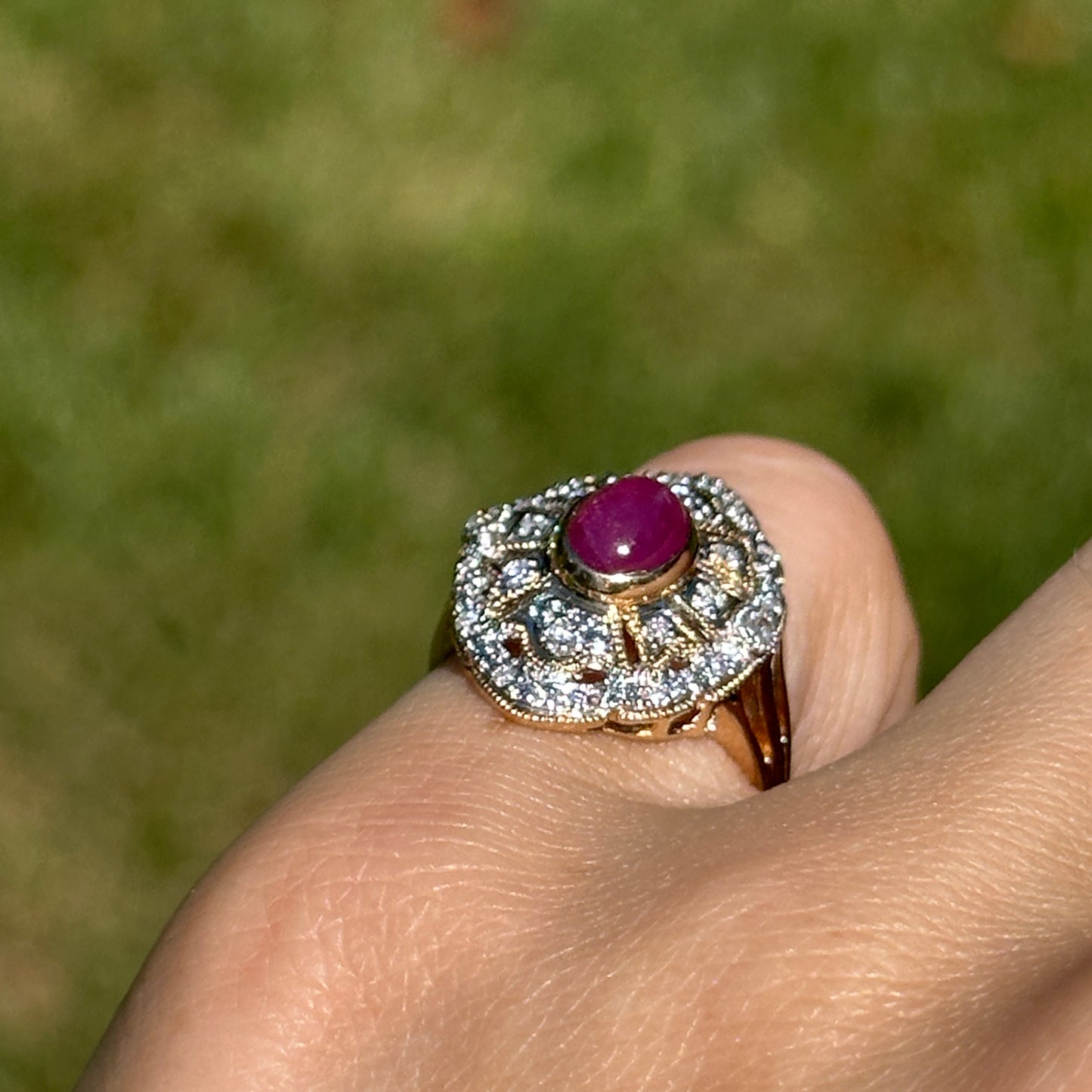Estate 14KT Yellow Gold Cabochon Ruby + Diamond Statement Ring