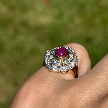 Estate 14KT Yellow Gold Cabochon Ruby + Diamond Statement Ring