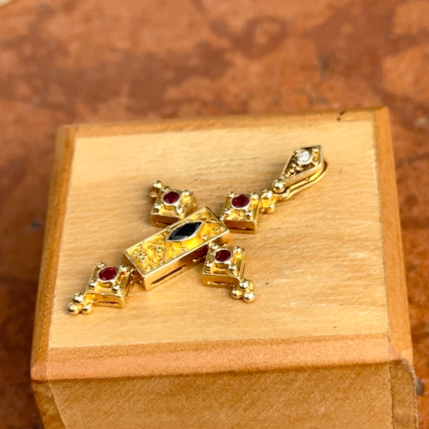 Estate 14KT Yellow Gold Sapphire, Ruby, + Diamond Byzantine Cross Pendant
