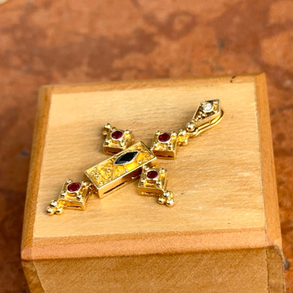 Estate 14KT Yellow Gold Sapphire, Ruby, + Diamond Byzantine Cross Pendant