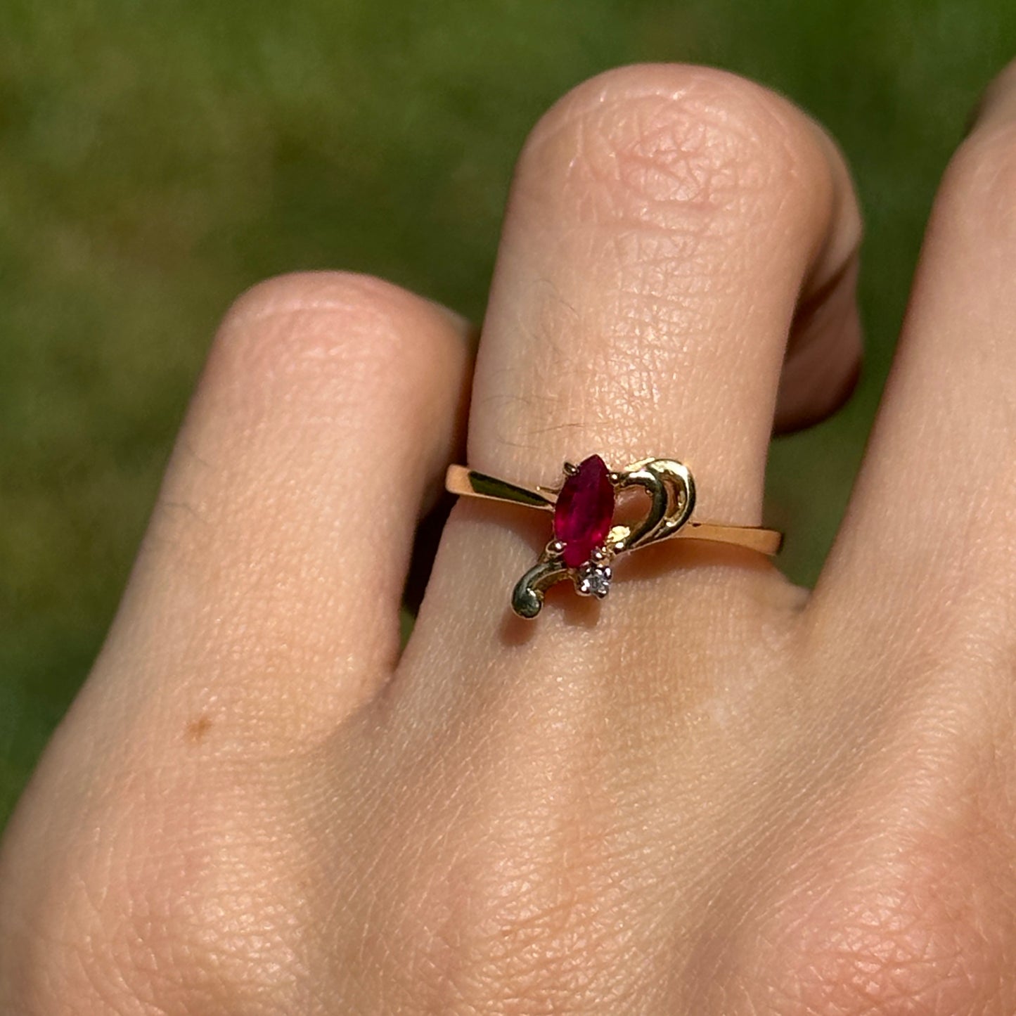 Estate 18KT Yellow Gold Marquise Ruby + Diamond Ring