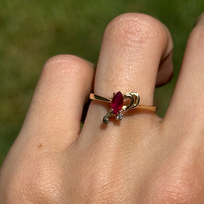 Estate 18KT Yellow Gold Marquise Ruby + Diamond Ring
