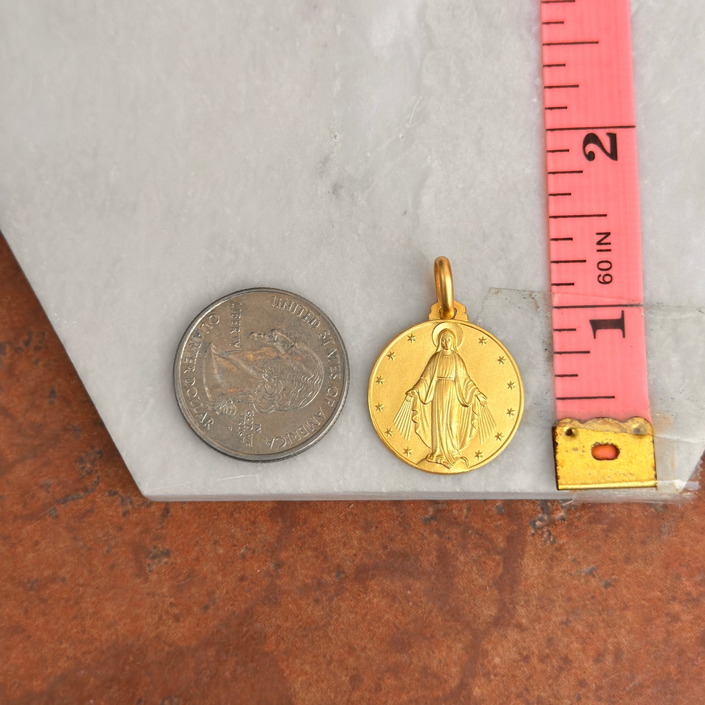 18KT Yellow Gold Matte Miraculous Medal Round Pendant 21mm