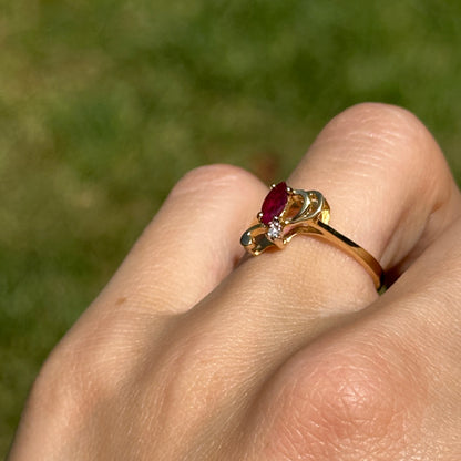 Estate 18KT Yellow Gold Marquise Ruby + Diamond Ring