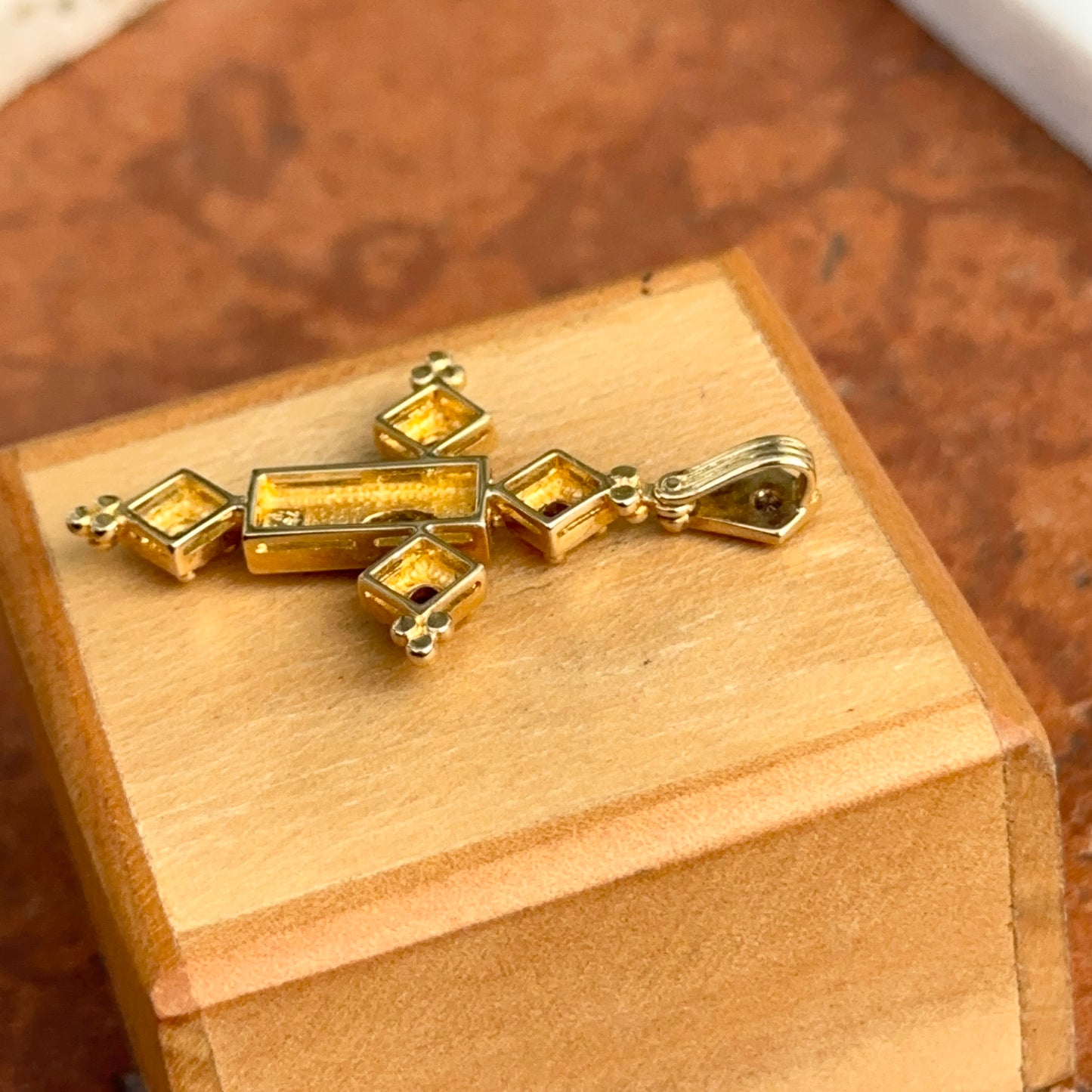 Estate 14KT Yellow Gold Sapphire, Ruby, + Diamond Byzantine Cross Pendant