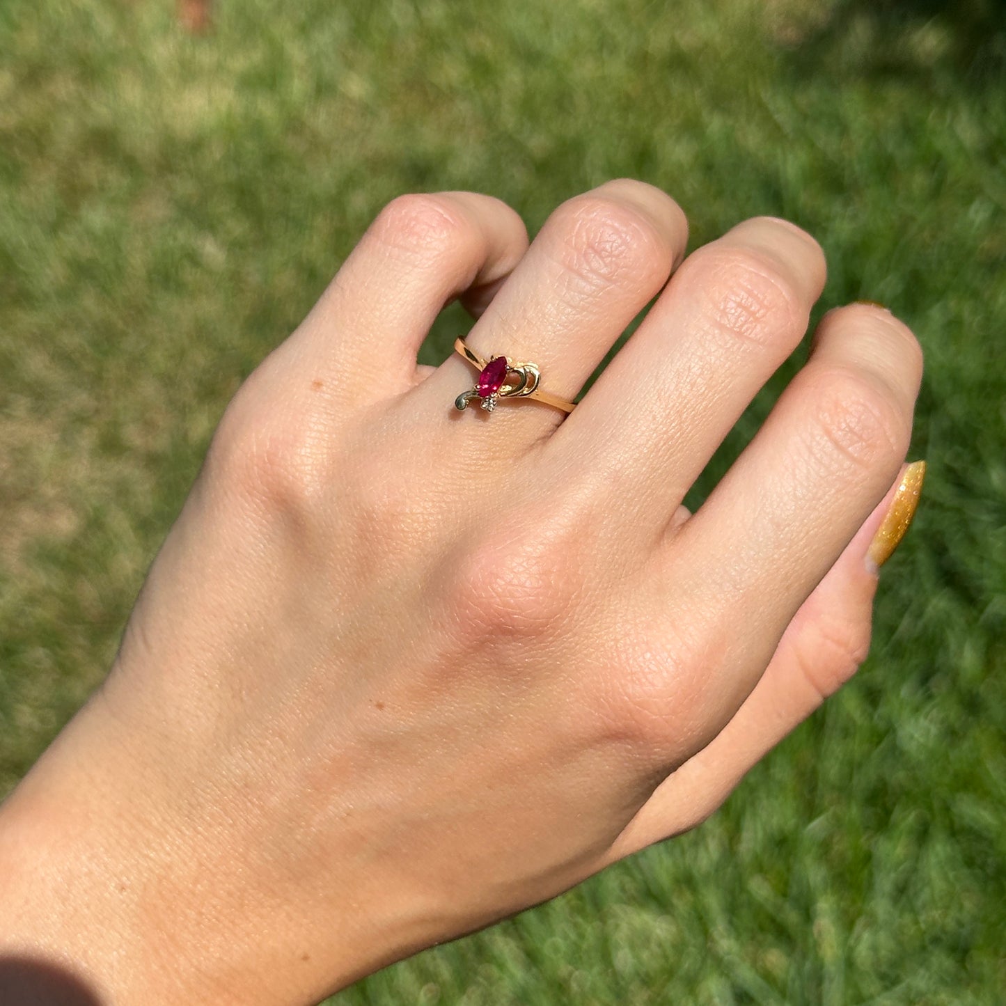Estate 18KT Yellow Gold Marquise Ruby + Diamond Ring