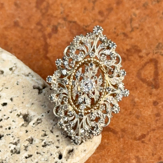 Estate 18KT Yellow Gold + Platinum Faceted Diamond Filigree Large Accent Ring