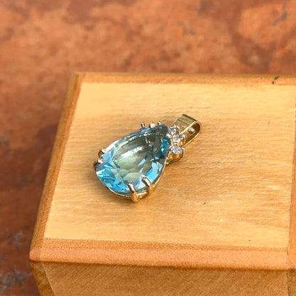 Estate 14KT Yellow Gold Pear Blue Topaz + Diamond Pendant