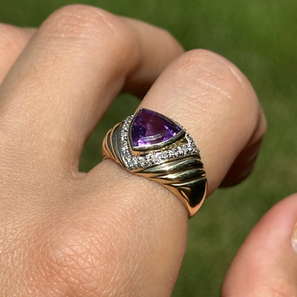 Estate 14KT Yellow Gold Trillion Amethyst + Diamond Dome Ring