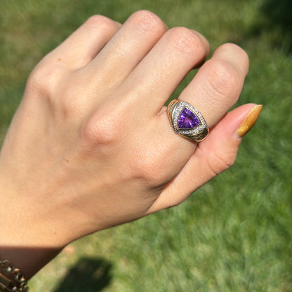 Estate 14KT Yellow Gold Trillion Amethyst + Diamond Dome Ring
