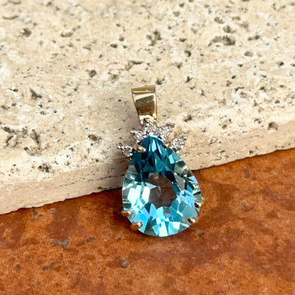 Estate 14KT Yellow Gold Pear Blue Topaz + Diamond Pendant