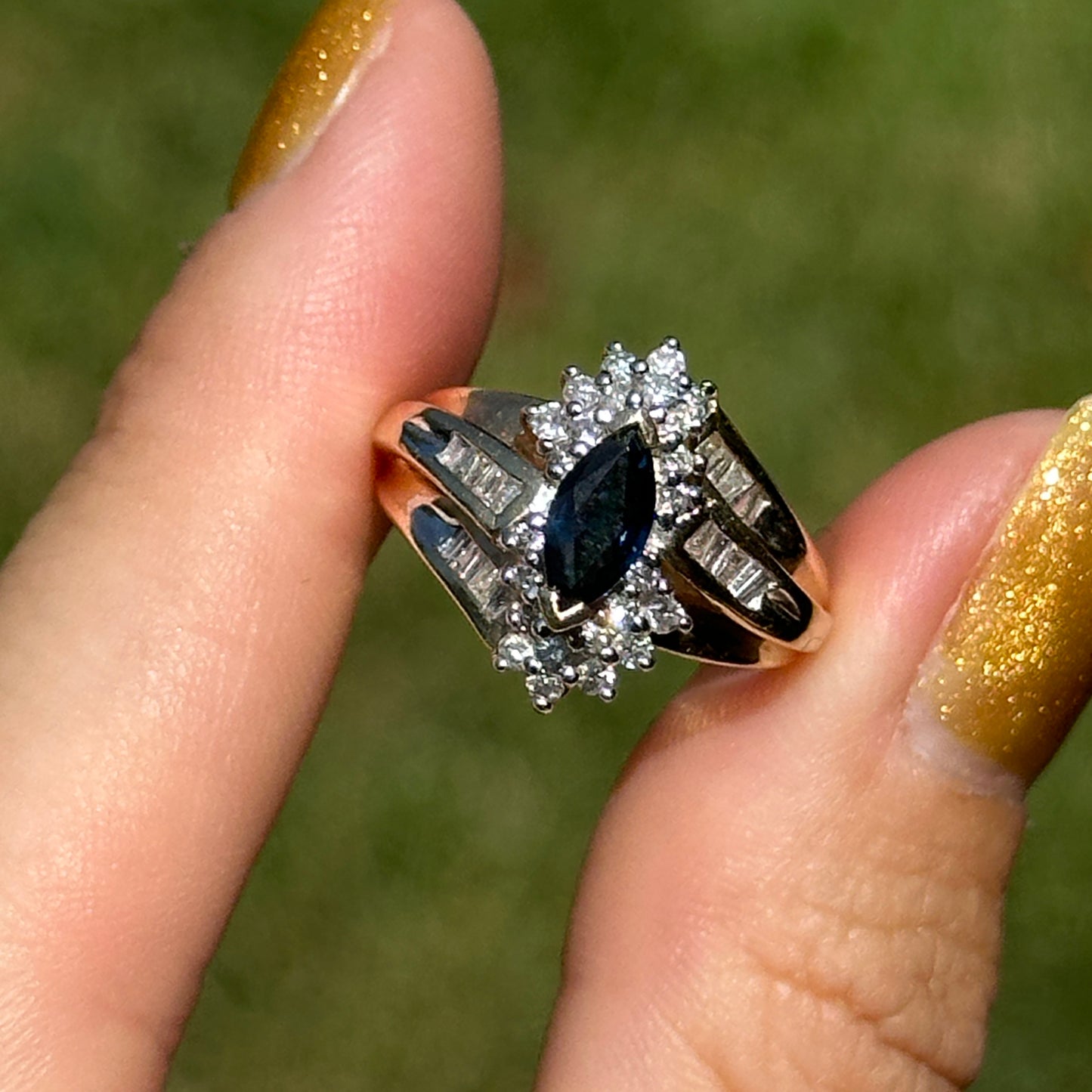 Estate 14KT Yellow Gold Marquise Blue Sapphire + Diamond Cluster Ring