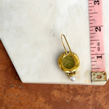 Estate Gold-Tone Green Cameo + Pearl Drop Earrings