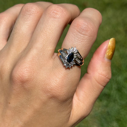 Estate 14KT Yellow Gold Marquise Blue Sapphire + Diamond Cluster Ring