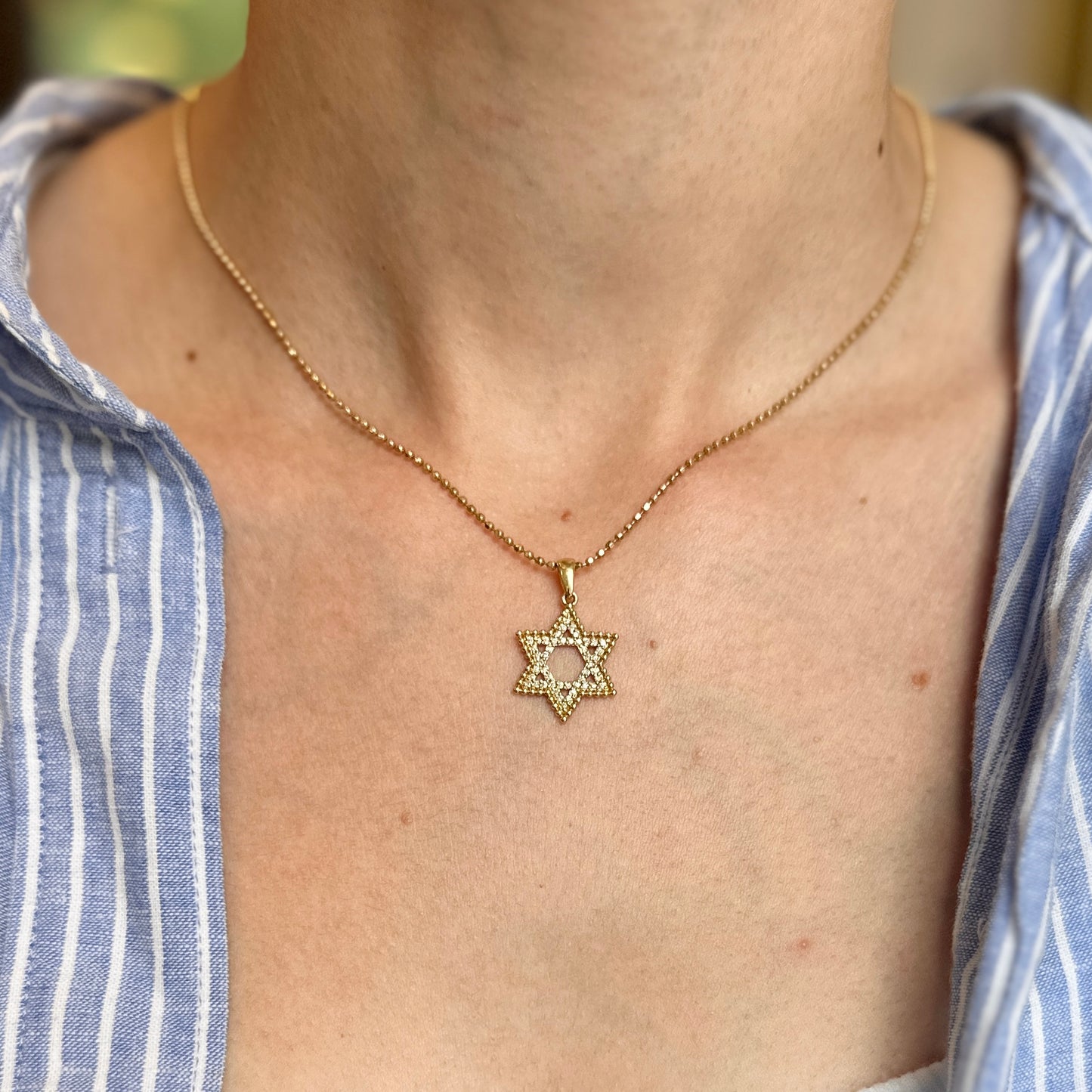 14KT Yellow Round Pave Diamond Beaded Star of David Pendant Charm