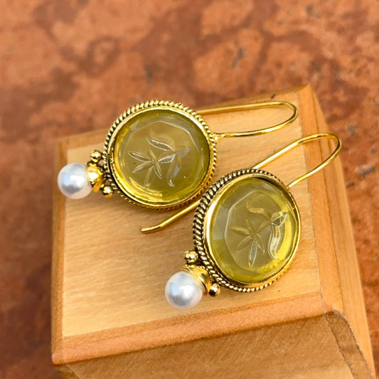 Estate Gold-Tone Green Cameo + Pearl Drop Earrings