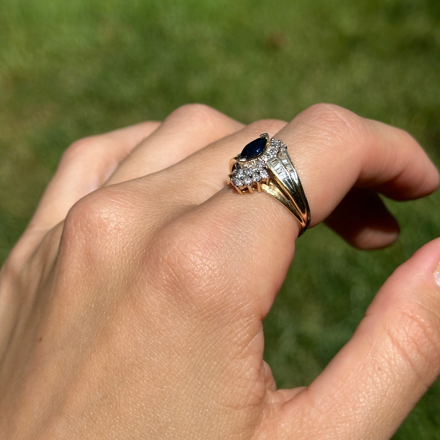 Estate 14KT Yellow Gold Marquise Blue Sapphire + Diamond Cluster Ring