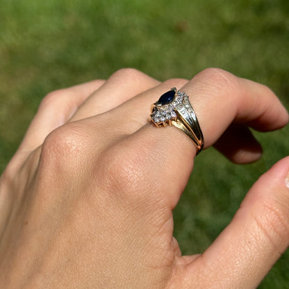 Estate 14KT Yellow Gold Marquise Blue Sapphire + Diamond Cluster Ring