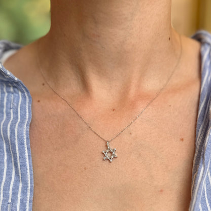 14KT White Gold Baguette and Round Diamond Prong Set Star Of David Necklace 16in