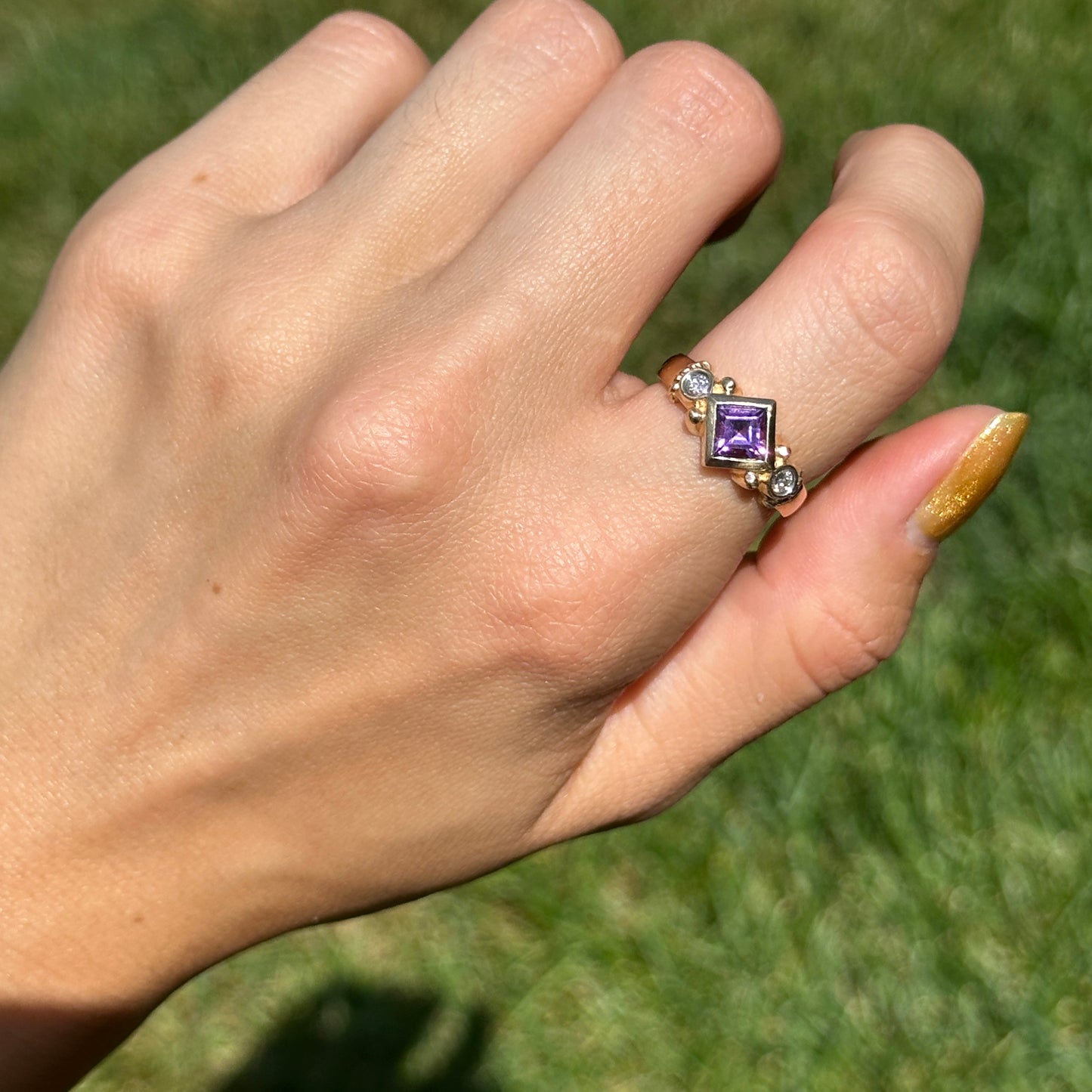 Estate 14KT Yellow Gold Bezel Square Amethyst + Diamond Ring