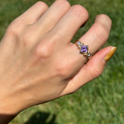 Estate 14KT Yellow Gold Bezel Square Amethyst + Diamond Ring