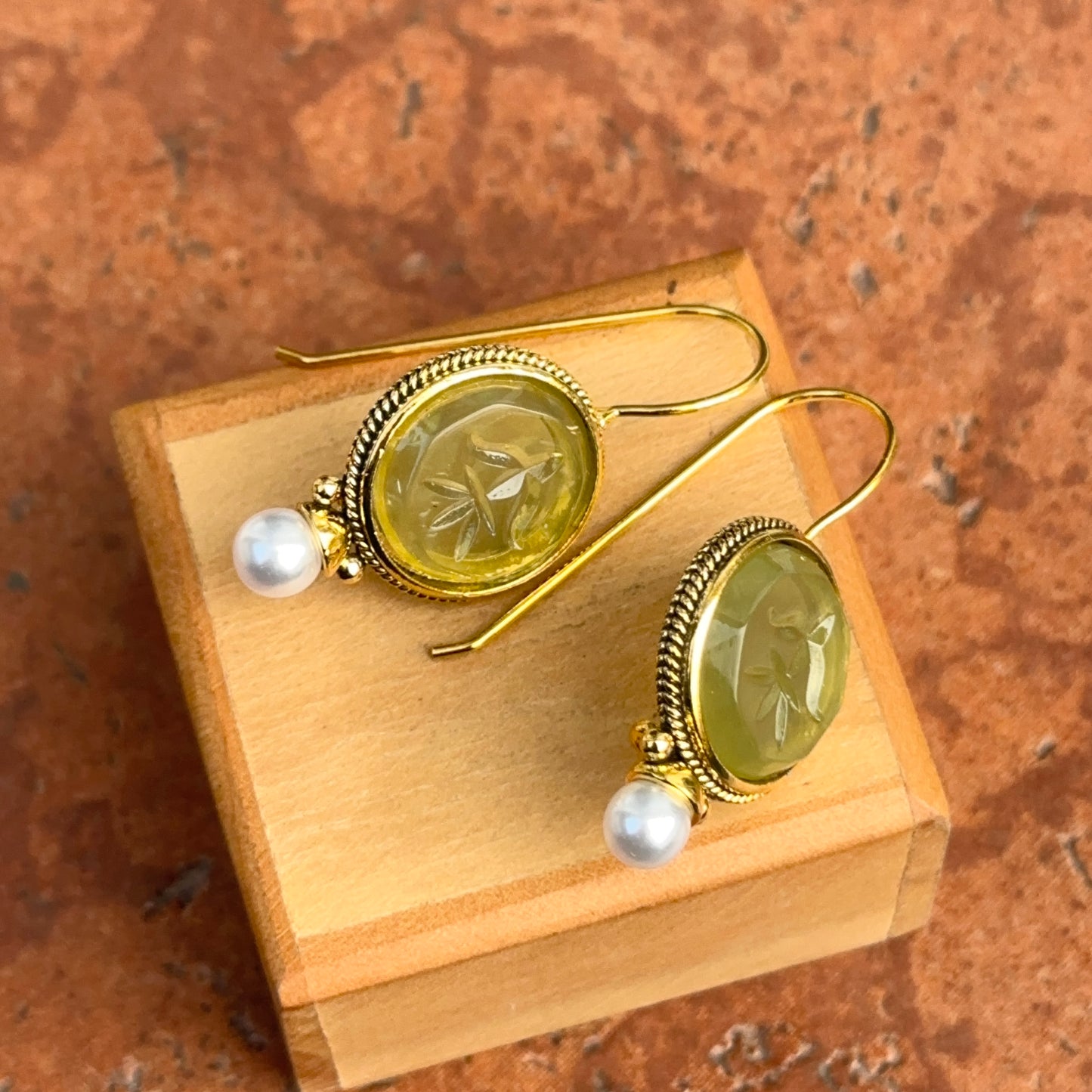 Estate Gold-Tone Green Cameo + Pearl Drop Earrings