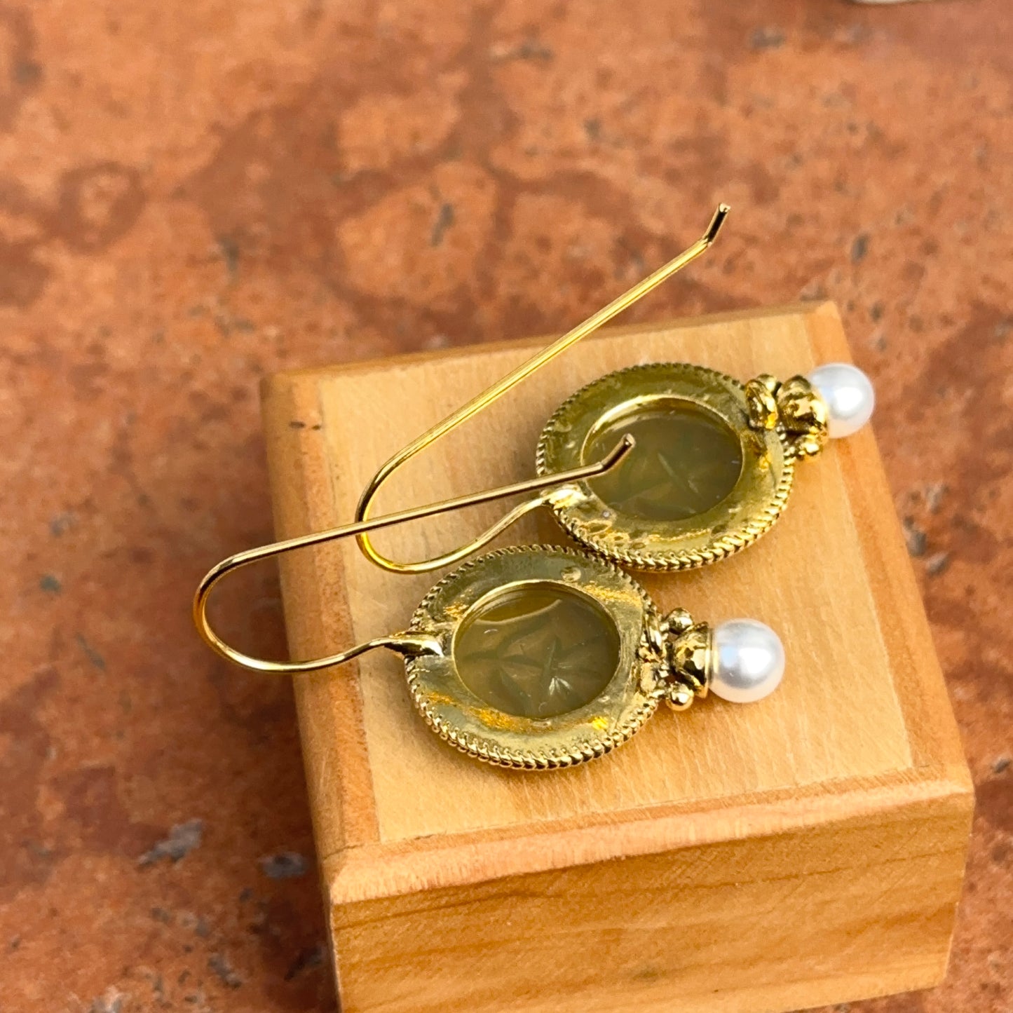 Estate Gold-Tone Green Cameo + Pearl Drop Earrings