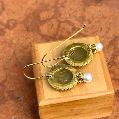 Estate Gold-Tone Green Cameo + Pearl Drop Earrings