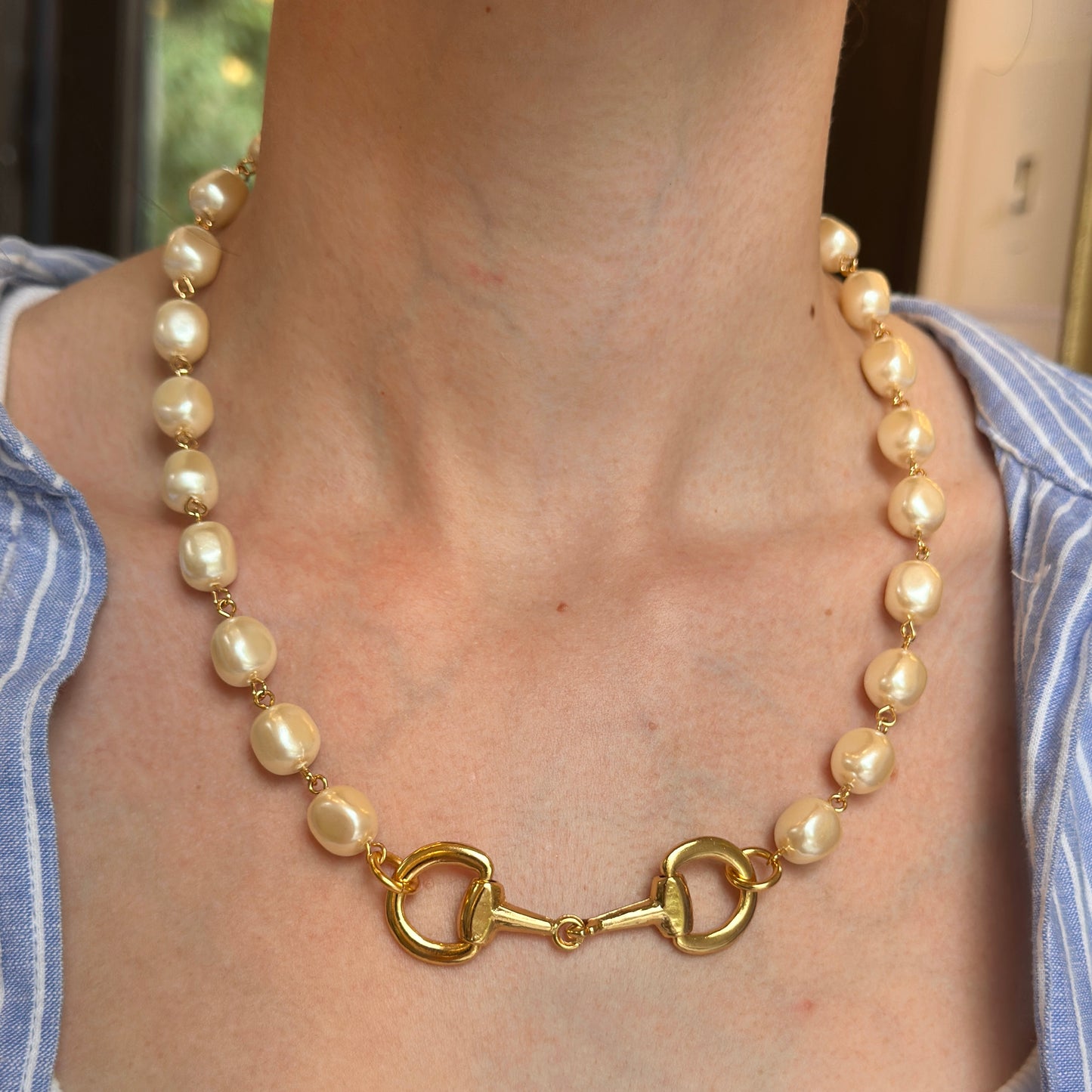 Yellow Gold-Plated Near Round Pearl Bead Horse Bit Necklace 20''