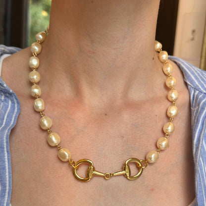 Yellow Gold-Plated Near Round Pearl Bead Horse Bit Necklace 20''