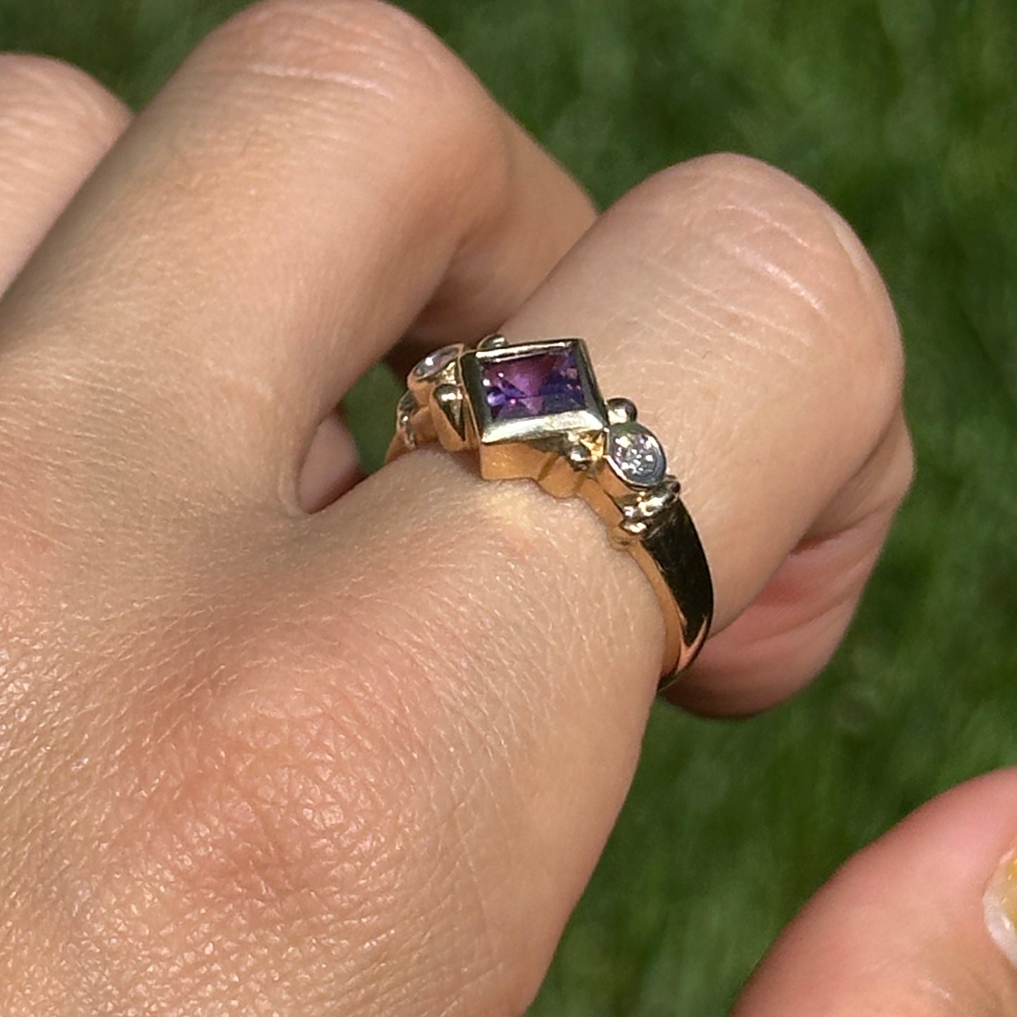 Estate 14KT Yellow Gold Bezel Square Amethyst + Diamond Ring