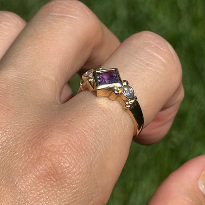 Estate 14KT Yellow Gold Bezel Square Amethyst + Diamond Ring