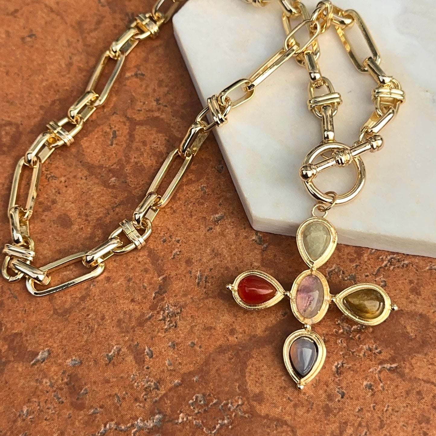 Estate Gold-Tone Gemstone Cross Toggle Paperclip Necklace
