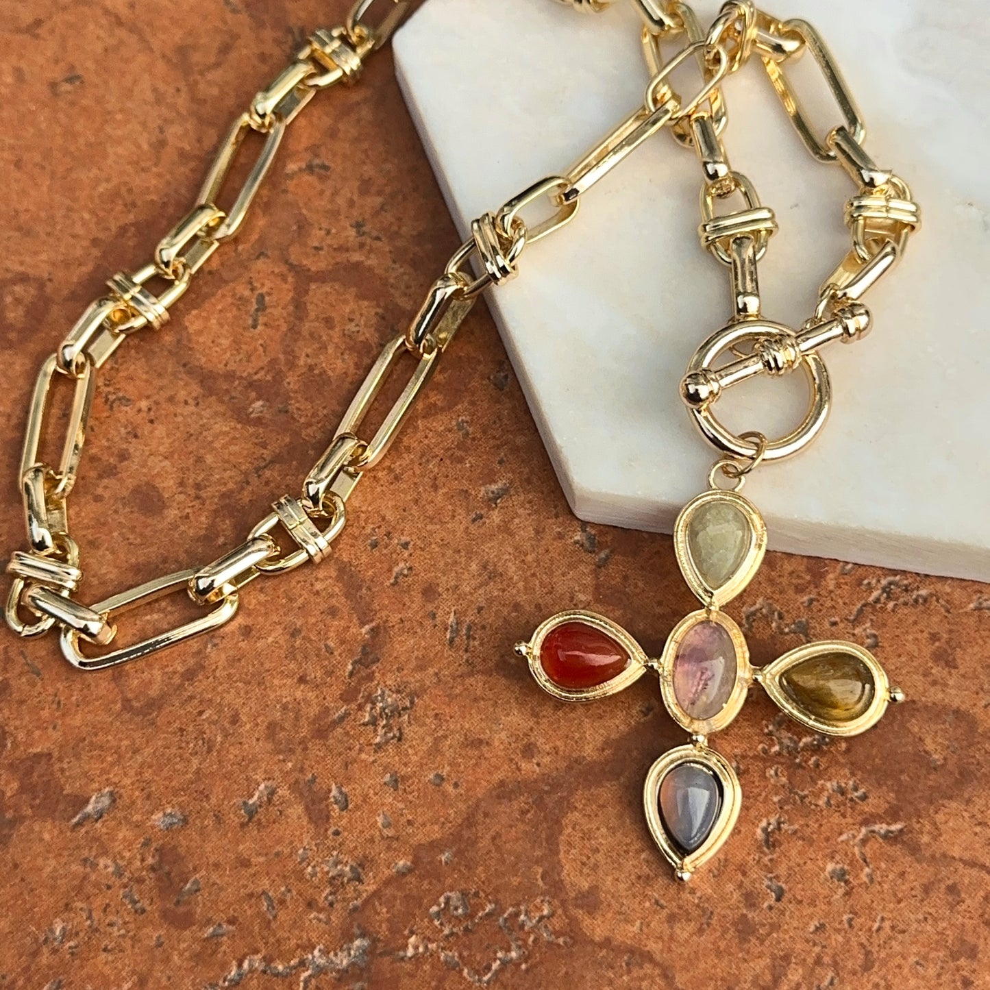 Estate Gold-Tone Gemstone Cross Toggle Paperclip Necklace