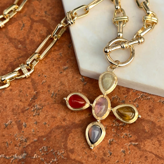 Estate Gold-Tone Gemstone Cross Toggle Paperclip Necklace