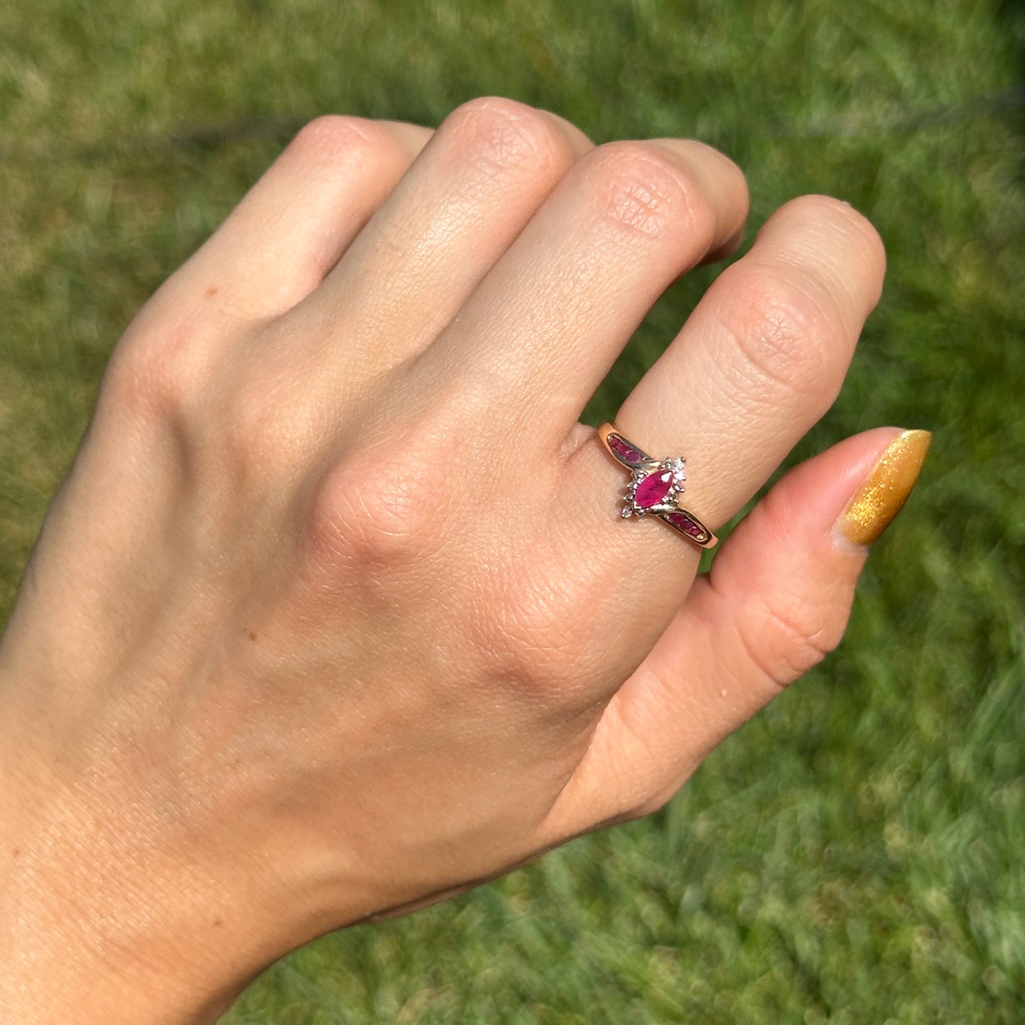 Estate 14KT Yellow Gold Marquise Ruby + Diamond Halo Ring