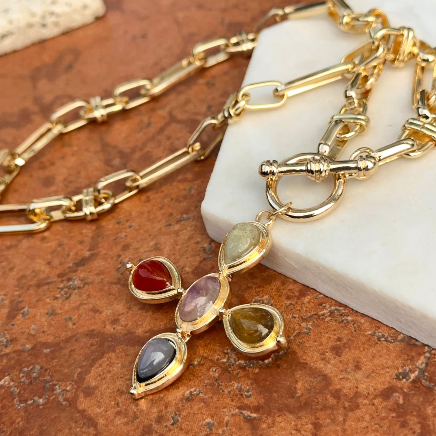 Estate Gold-Tone Gemstone Cross Toggle Paperclip Necklace
