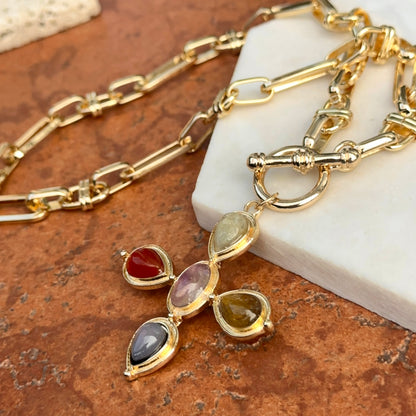 Estate Gold-Tone Gemstone Cross Toggle Paperclip Necklace